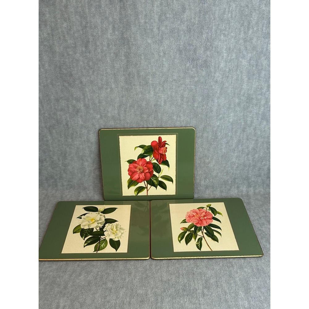Vintage Botanical Camellia Trivets Set of 3 Green Gold Hot Pads Floral Art